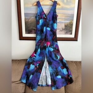 HARIS COTTON “V” Neck Maxi Linen Abstract Watermark Dress Made in Greece